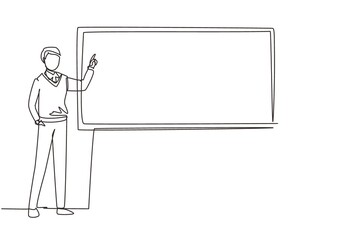 Continuous one line drawing man teacher professor standing in front of blackboard teaching student in classroom. College class or university teacher teach in classroom. Single line draw design vector