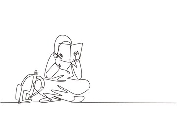 Single one line drawing happy young Arab woman reading book sitting on floor. Smart female reader enjoying literature, studying and preparing for exam. Continuous line draw design vector illustration