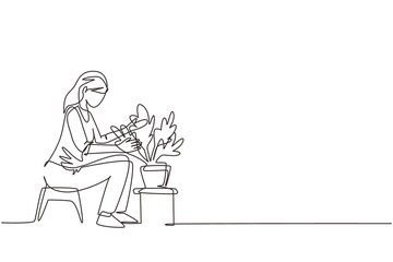 Single continuous line drawing young woman sitting and planting gardens flowers, agriculture gardener hobby and garden job. Gardening person, gardener flowers. One line draw design vector illustration