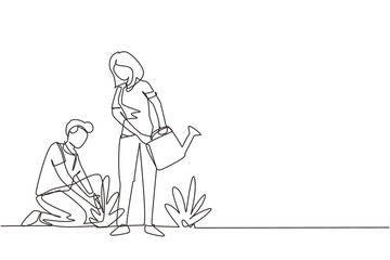 Fototapeta na wymiar Continuous one line drawing man woman gardening plants. People growing plant, greens on soil, gathering harvest. Husband kneeling, wife with water can planting flowers. Single line draw design vector