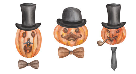 Watercolor illustration hand painted carved jake-o-lantern pumpkin in the form of gentleman for Halloween isolated. Food clip art element for holiday celebration in autumn, design postcards, posters