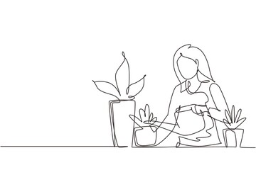Single one line drawing woman watering houseplants at home. Home garden and house plants concept. Girl taking care of houseplants growing in planters. Continuous line draw design vector illustration