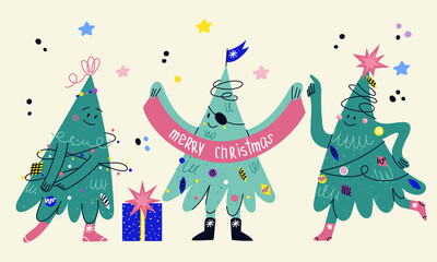 Set of funny decorated Christmas tree characters with faces, hands, legs. Hand drawn vector fir-trees showing emotions. Christmas and New Year print for greeting cars, T-shirt, posters.