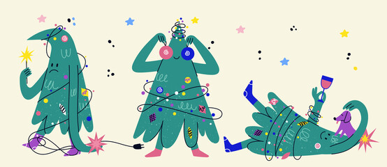 Set of funny decorated Christmas tree characters with faces, hands, legs. Hand drawn vector fir-trees showing emotions. Christmas and New Year print for greeting cars, T-shirt, posters.
