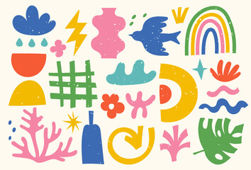 Trendy set of various doodles, colorful shapes and handdrawn objects. Abstract modern vector illustration. Isolated contemporary art objects.
