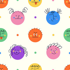 Seamless pattern with colorful round shapes showing different emotions. Funny characters. Modern emoji with happy sad angry smiley faces.