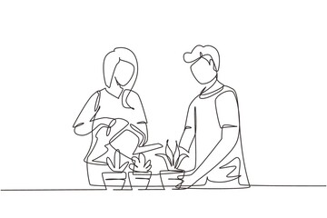 Continuous one line drawing man woman spraying and water flowers on shelf with watering can. Happy couple take care of home plants, flowers in pots enjoying gardening. Single line draw design vector