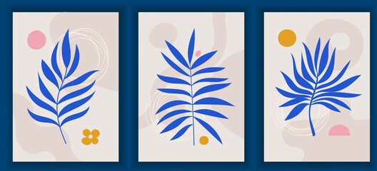 Fototapeta na wymiar Collection of contemporary colourful posters. Elegant tree leaf. Abstract art geometric elements and strokes, leaves. Great design for social media post, stories, postcards, print.