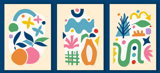 Fototapeta premium Collection of contemporary art posters in vibrant colours. Abstract trendy geometric elements and organic and paper cut shapes, doodle objects. Great design for social media, postcards, print.