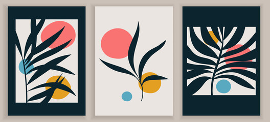 Fototapeta na wymiar Collection of contemporary monochrome art posters. Abstract geometric elements and strokes, leaves and berries. Elegant black and white posters. Great design for social media, postcards, print.