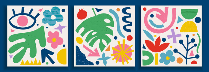Collection of contemporary art posters in vibrant colors. Abstract trendy geometric elements and organic and paper cut shapes, doodle objects. Great design for social media, postcards, print.