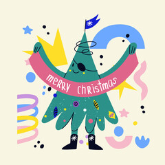 Funny decorated Christmas tree character with face, hands legs. Hand drawn vector fir-tree showing emotions. Christmas and New Year print for greeting cars, T-shirt, posters. Dancing cartoon Xmas tree