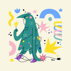 Funny decorated Christmas tree character with face, hands legs. Hand drawn vector fir-tree showing emotions. Christmas and New Year print for greeting cars, T-shirt, posters. Dancing cartoon Xmas tree