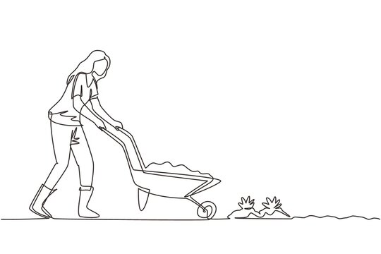 woman pushing wheelbarrow, line art, gardening clip art preview