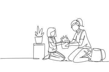 Single continuous line drawing happy mom and her daughter gardening. Having hobby with kid. Mom and baby girl plant flowers. Idea of happy motherhood and childhood. One line draw graphic design vector