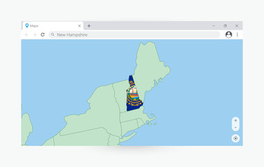 Naklejka premium Browser window with map of New Hampshire, searching New Hampshire in internet.
