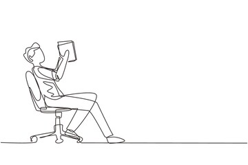 Single continuous line drawing boy reads book in chair. Side view of exiting process of learning by young male. Style of boy spending spare time by reading literature. One line draw design vector