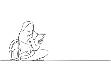 Fototapeta na wymiar Single continuous line drawing education. Back view woman sitting on floor reading book. College student prepare to exam, back to school gaining knowledge. One line draw design vector illustration