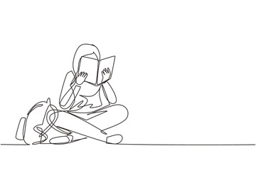 Obraz na płótnie Canvas Single continuous line drawing happy young woman reading book sitting on floor. Smart female reader enjoying literature or studying and preparing for exam. One line draw design vector illustration
