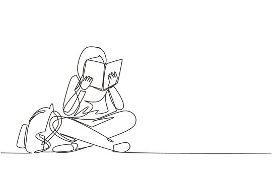 Single continuous line drawing happy young woman reading book sitting on floor. Smart female reader enjoying literature or studying and preparing for exam. One line draw design vector illustration