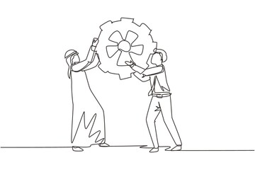 Continuous one line drawing two Arabian business men hold cogwheel work together ponder think strategy concept. Businessmen lifting gear. Collaboration. Single line draw design vector illustration