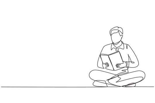 Continuous one line drawing man is sitting on floor reading book. Concept student is preparing for the exam, applicant is preparing for admission, book lover is reading. Single line draw design vector