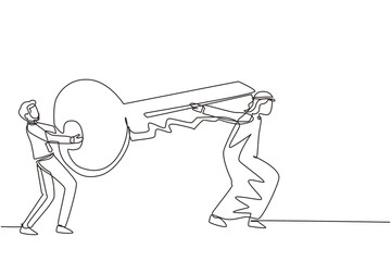 Obraz premium Single continuous line drawing teamwork, coworking, cooperation, partnership, business concept. Team of Arab businessmen partners coworker manager holding big key together. One line draw design vector
