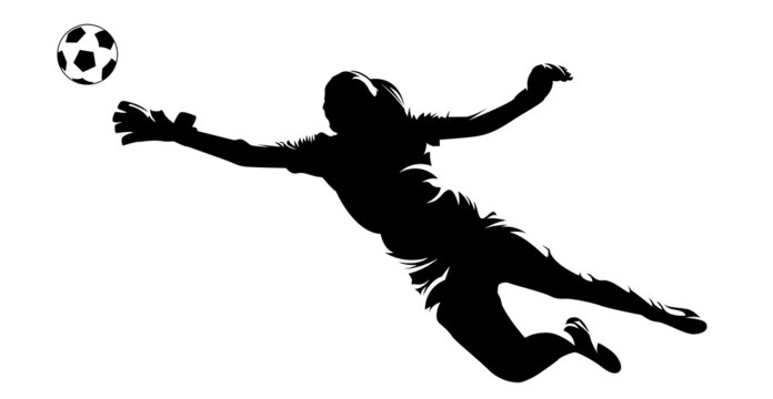 Silhouette of female goalkeeper jumping to save goal. Female goalie during the save of a shot. Vector illustration.