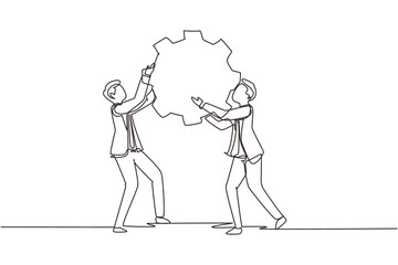 Continuous one line drawing two business men hold cogwheel work together ponder think strategy concept. Businessmen lifting gear. Collaboration. Single line draw design vector graphic illustration