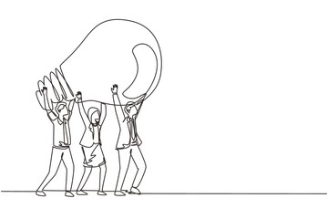 Continuous one line drawing concept of joint teamwork, building business team. Men women hold and lift light bulb. Idea generation, creative search. Single line draw design vector graphic illustration
