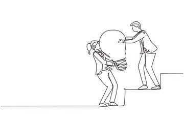 Fototapeta na wymiar Single continuous line drawing woman helping man to lifting light bulb at stairs. Business idea, teamwork, goal achievement, solution, success, winner concept. One line draw design vector illustration