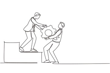 Continuous one line drawing businessman helping his partner to lifting cogs or gears on top of stairs. Teamwork, goal achievement, solution, success, winner concept. Single line draw design vector
