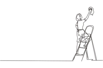 Continuous one line drawing window washer is cleaning window using squeegee. Housekeeping service. Woman cleaner standing on ladder and washing with sponge. Single line draw design vector illustration