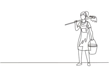 Continuous one line drawing woman mopping floor, female cleaner janitor in uniform and bucket, cleaning service. Housework service or housekeeping workers, janitor. Single line draw design vector