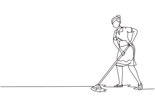 Single Continuous Line Drawing Woman Mopping Floor In Uniform. Girl Cleaner Janitor Cleaning Office. Cleaning Service, Hospital Disinfection. Cleaning Workers. One Line Draw Design Vector Illustration