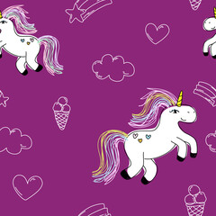 Cute little unicorn with hearts clouds ice cream stars. White purple pattern and paper for scrapbooking doodle.