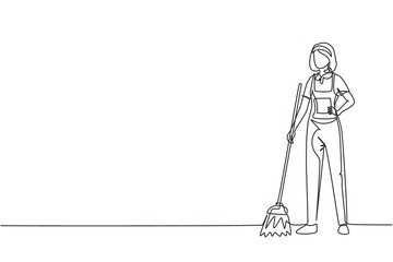 Single continuous line drawing smiling young woman janitor standing in uniform, sweeping the floor with broom, professional cleaning, home and office service. One line draw design vector illustration