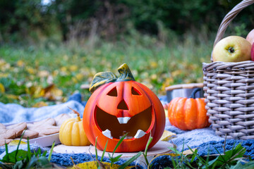 Autumn picnic in nature: jack-o-lantern, pumpkin, cookies, a basket of apples on a gray blanket. Halloween picnic preparation concept