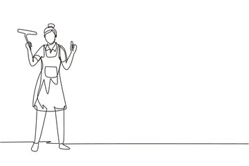 Continuous one line drawing window cleaner in uniform with professional equipment for cleaning windows. Woman cleaning and rub windows of building using spray and wiper. Single line draw design vector