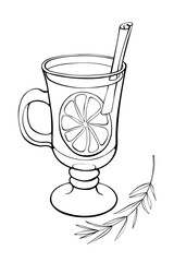 Hot warm winter spiced grog mulled wine cocktail in special glass garnished with cinnamon stick, sprig of rosemary, thyme, savory and orange slice. Hand drawn doodle style vector contour illustration