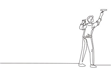 Continuous one line drawing man janitors cleaners cleaning windows with cleaning tools. City view skyscrapers. Professional employee of cleaning company working process. Single line draw design vector