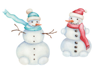 Watercolor illustration hand painted snowmen with red, blue hat, scarf isolated on white. Cartoon clip art snow character for holiday celebration New Year, Christmas design postcard, greetings, fabric