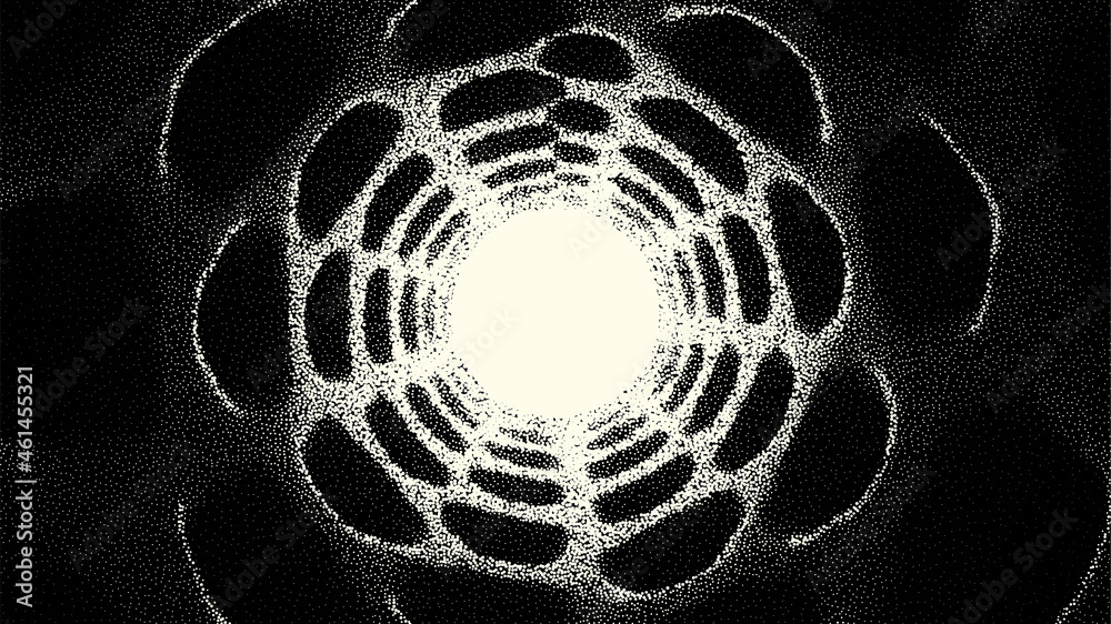 Poster Retro styled docking corridor on space station or light at the end of tunnel concept for sci-fi poster or flyer. Gate or cave with dotwork style.