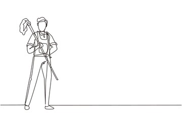 Continuous one line drawing happy male cleaning staff member is holding mop in gloves on white background. Concept of different people like working in cleaning service. Single line draw design vector