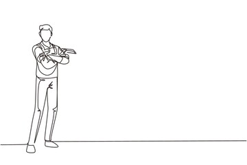 Continuous one line drawing cleaning worker posing and holding cleaning tool. Cleaning service with cool pose. Concept of people enjoying working in cleaning services. Single line draw design vector