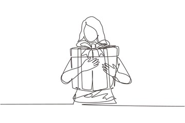 Continuous one line drawing woman holding big ribbon bow wrapped gift box in her arms. Young female holding gift. Lady with gift box. Gift for the holiday. Single line draw design vector illustration