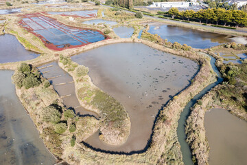 Ocean salt recovery fields in France. Marais salants. Drone view.
