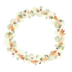 Oak leaves and seed wreath watercolor illustration for decoration on Autumn season and Thanksgiving festival.