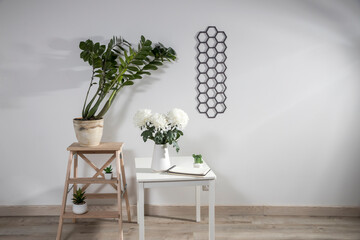 Zamioculcas plant in clay pot on stool. Chrysanthemum in a vase on the table. Decorative diamond-shaped panel on the wall. Scandinavian style