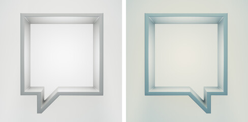 A set of abstract scene with empty shelf or frame-podium. Gray and pastel blue colors. Shape looks like a quote, clear monochromatic background.